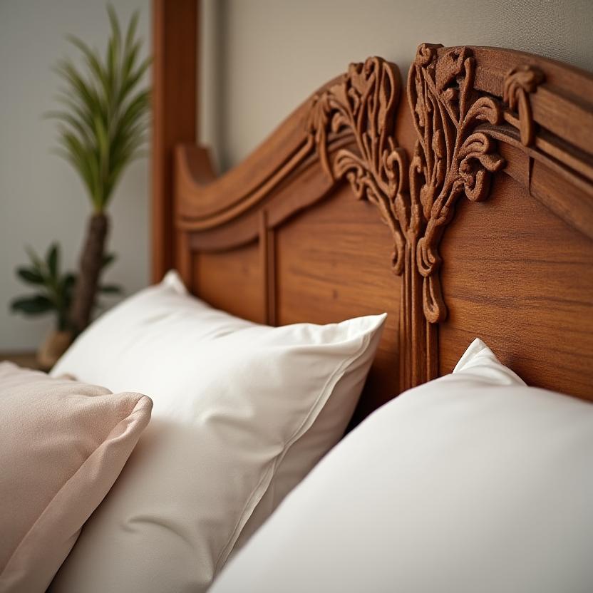 Cabecero de cama de madera de teca con detalles tallados a mano.