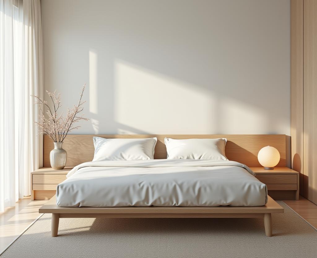 Cama de diseño japonés con cabecero de madera.