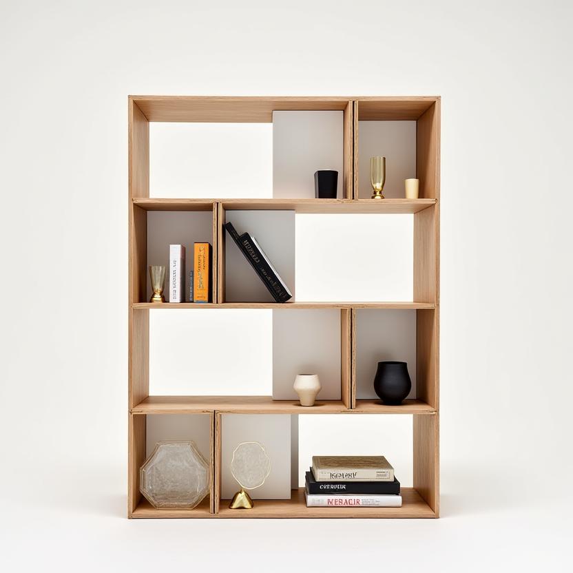 Estantería modular de fresno con uniones de latón.