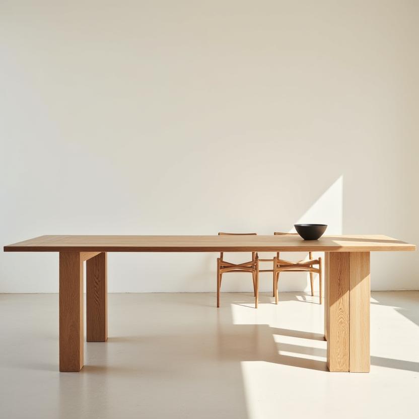Mesa de comedor de roble macizo con un diseño minimalista.