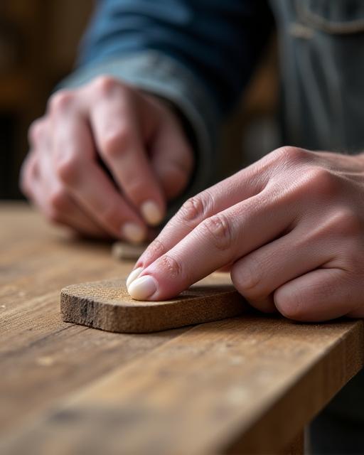 Manos de un artesano lijando una pieza de madera de roble.
